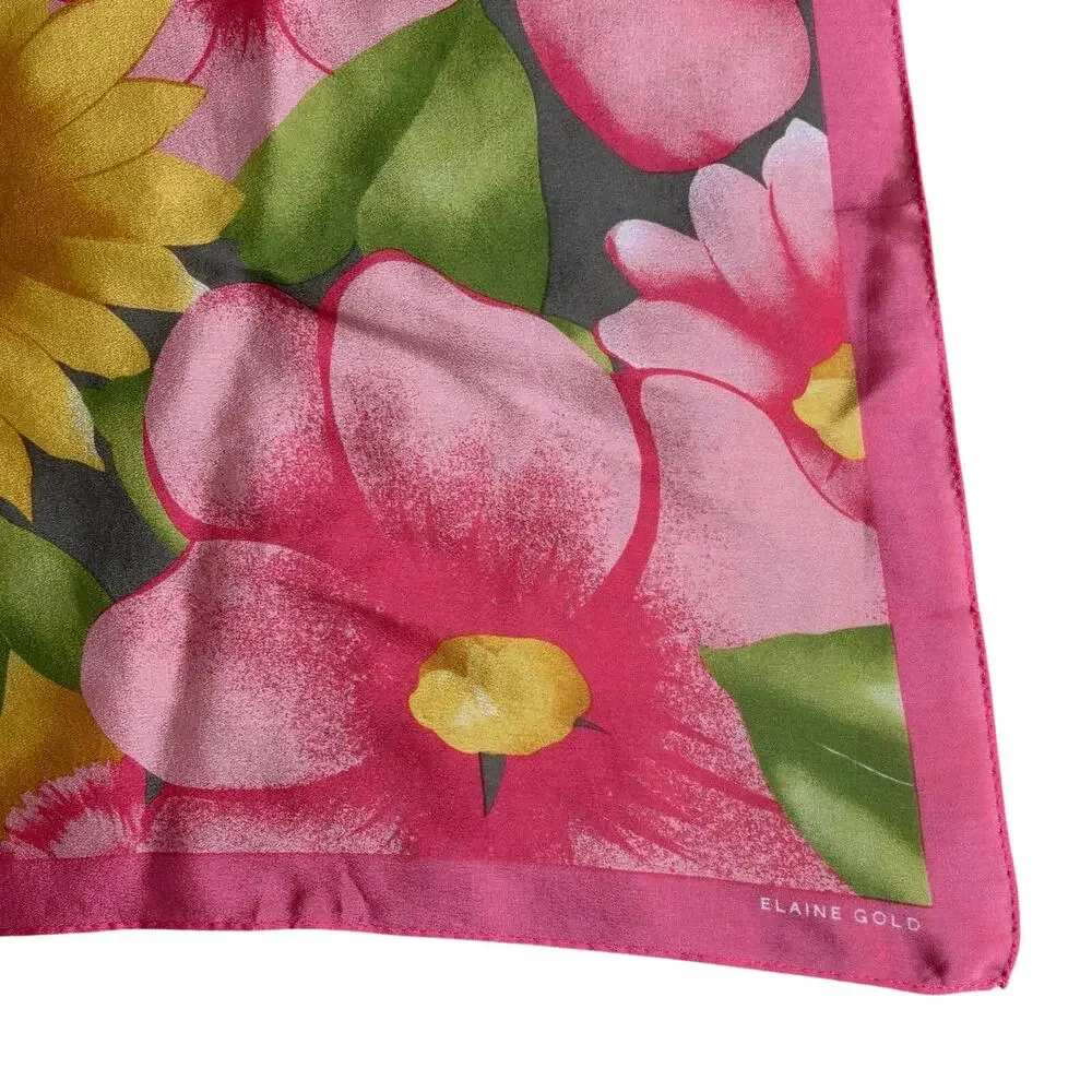 Colorful silk scarf by Elaine Gold vintage 80s large square peachy flower power